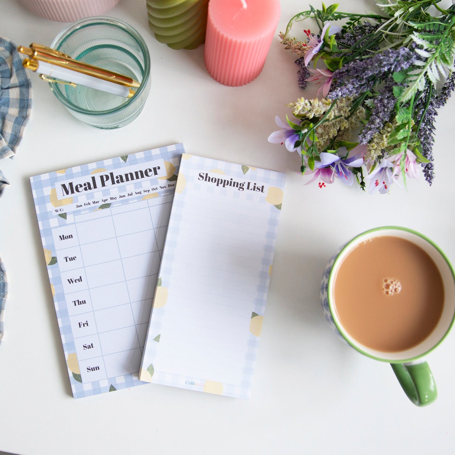 Lemon Gingham Meal Planner and Shopping List Bundle | A5 DL Notepad Set | Weekly Meal Planner | Grocery List Pad | Magnetic Option | Kitchen Organiser