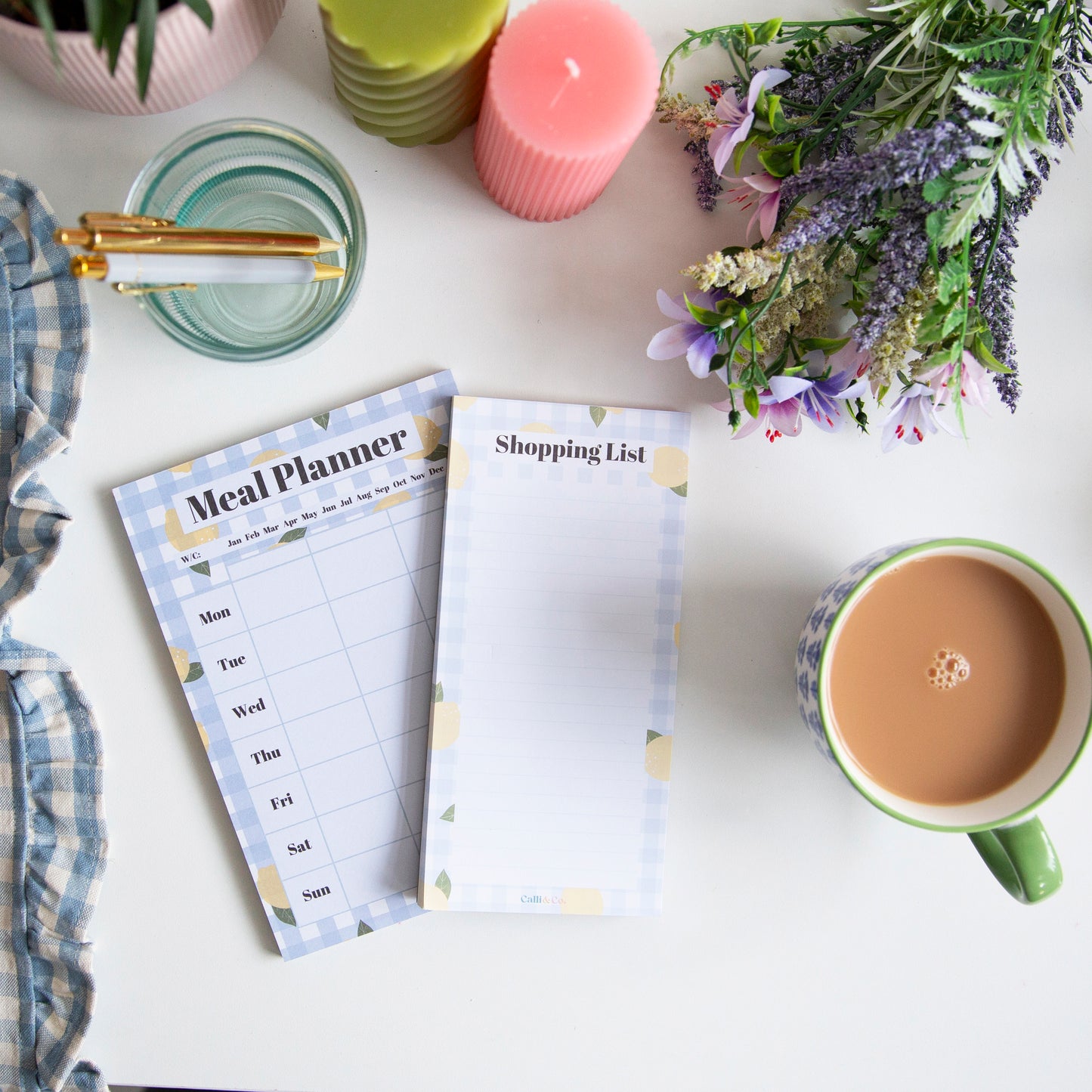 Lemon Gingham Meal Planner and Shopping List Bundle | A5 DL Notepad Set | Weekly Meal Planner | Grocery List Pad | Magnetic Option | Kitchen Organiser