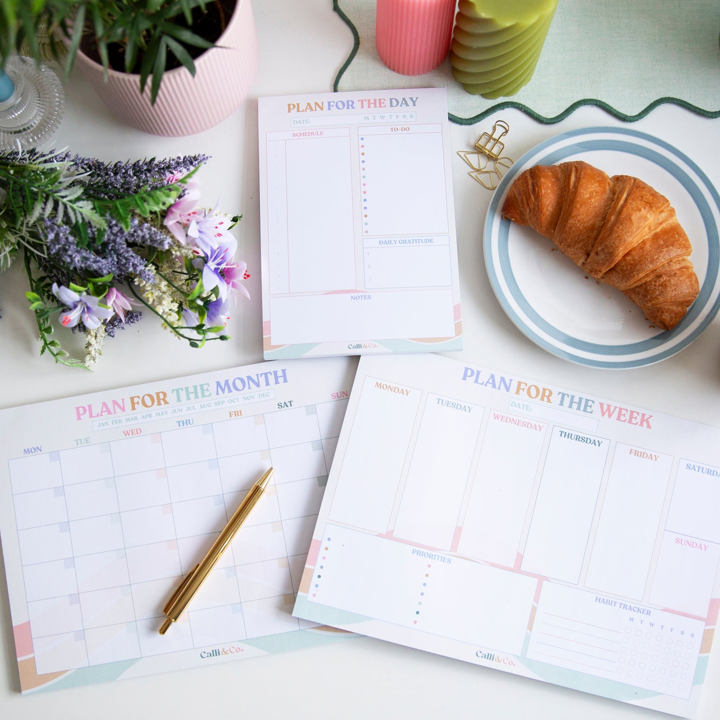 Plan for the Day, Week & Month Bundle | A5 A4 Planner Pads | Daily, Weekly, Monthly Productivity Set | Soft Pastel Desk Planners