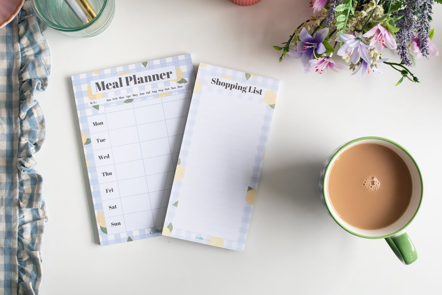 Lemon Gingham Meal Planner and Shopping List Bundle | A5 DL Notepad Set | Weekly Meal Planner | Grocery List Pad | Magnetic Option | Kitchen Organiser