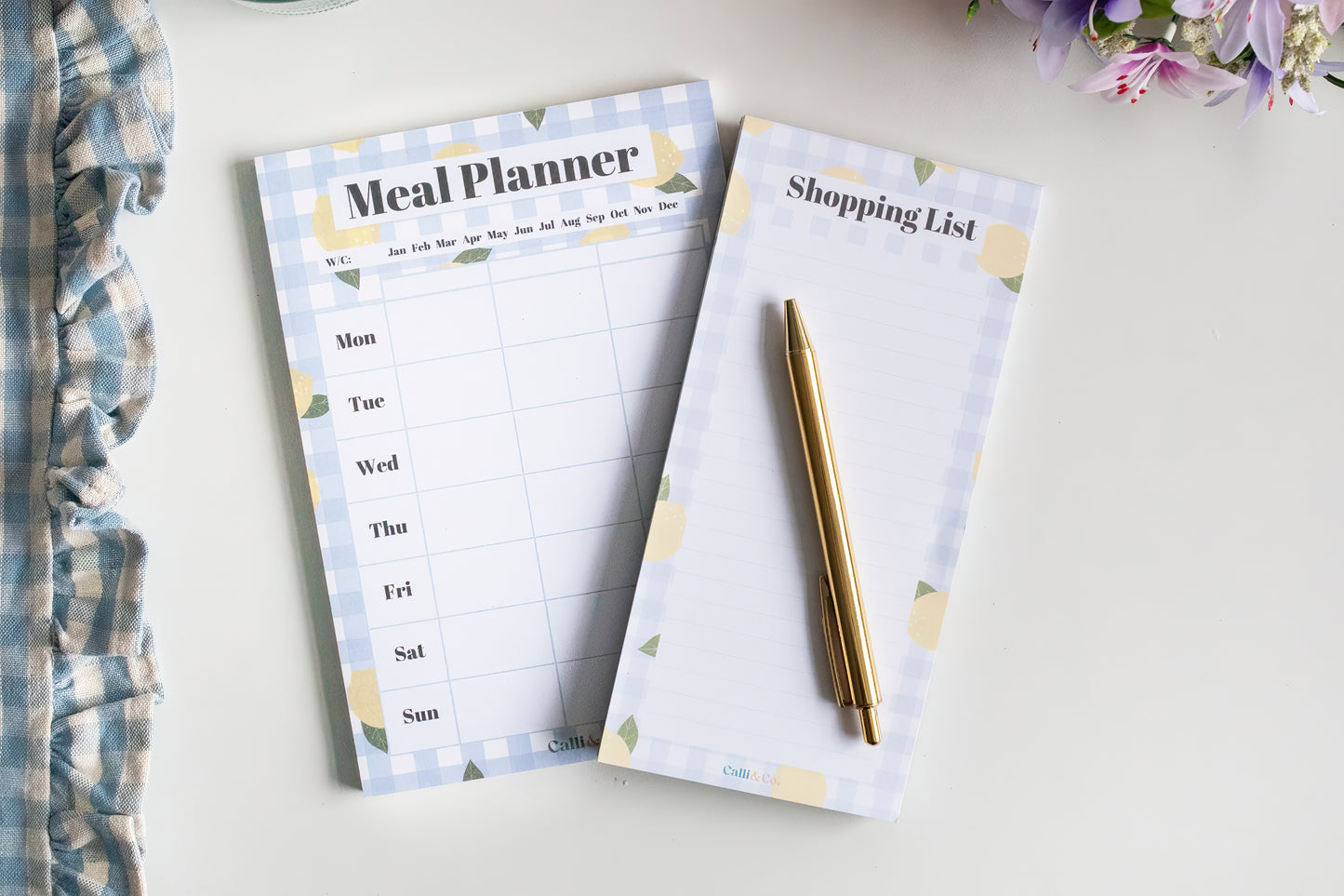 Lemon Gingham Meal Planner and Shopping List Bundle | A5 DL Notepad Set | Weekly Meal Planner | Grocery List Pad | Magnetic Option | Kitchen Organiser
