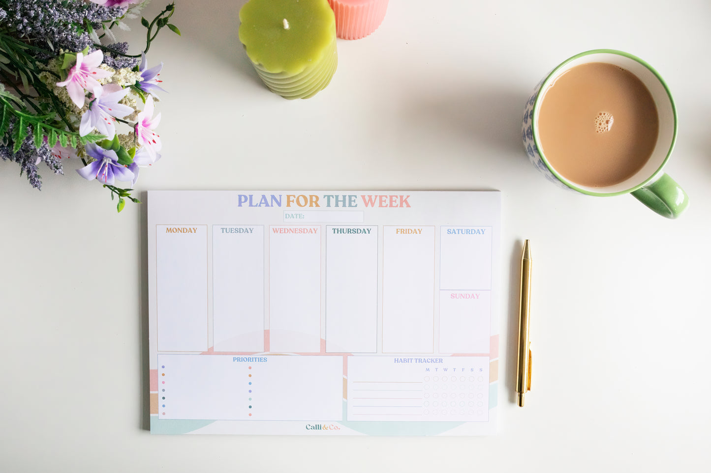 A4 Soft Pastel Weekly Planner Pad | Colourful Desk Notepad | Daily Planner, Priorities & Habit Tracker | 50 Sheets | No Bleed-Through