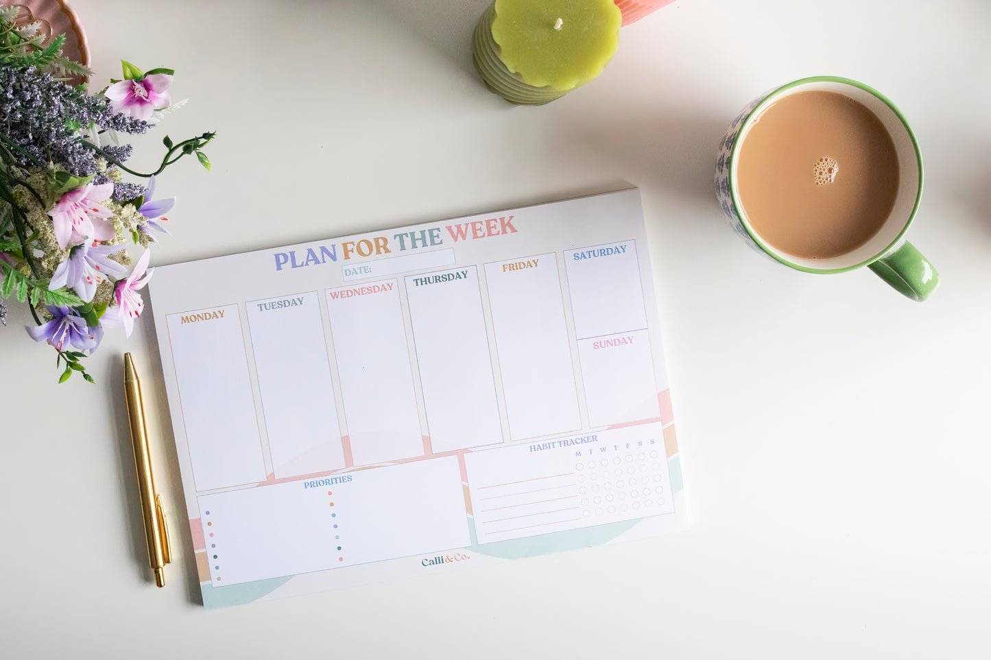 A4 Soft Pastel Weekly Planner Pad | Colourful Desk Notepad | Daily Planner, Priorities & Habit Tracker | 50 Sheets | No Bleed-Through