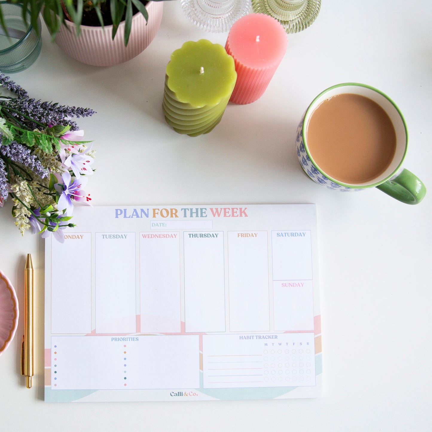 A4 Soft Pastel Weekly Planner Pad | Colourful Desk Notepad | Daily Planner, Priorities & Habit Tracker | 50 Sheets | No Bleed-Through