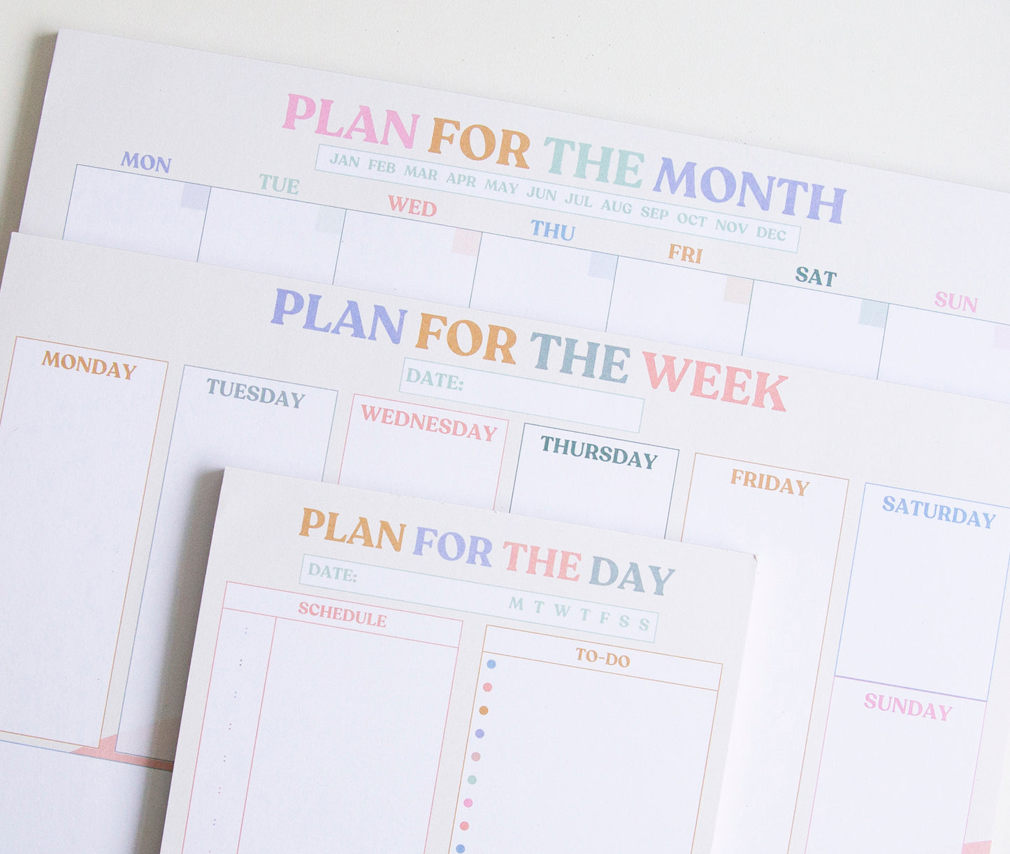 Plan for the Day, Week & Month Bundle | A5 A4 Planner Pads | Daily, Weekly, Monthly Productivity Set | Soft Pastel Desk Planners