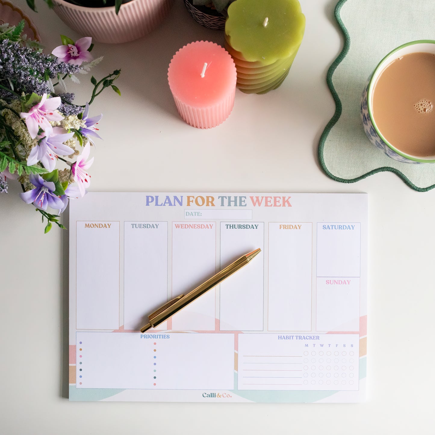 A4 Soft Pastel Weekly Planner Pad | Colourful Desk Notepad | Daily Planner, Priorities & Habit Tracker | 50 Sheets | No Bleed-Through