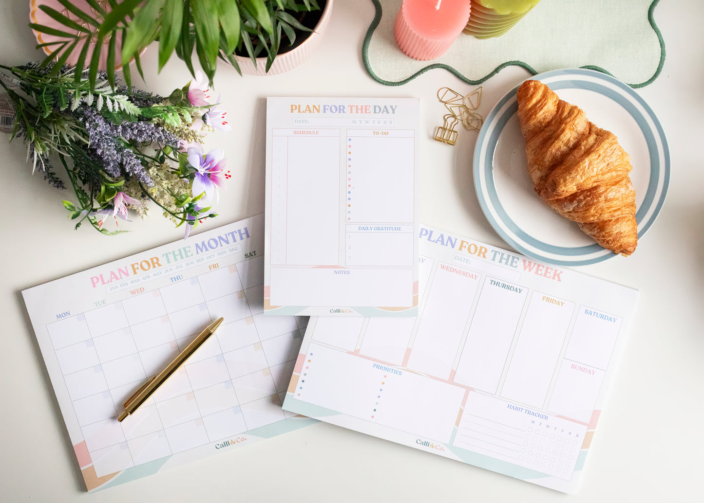 Plan for the Day, Week & Month Bundle | A5 A4 Planner Pads | Daily, Weekly, Monthly Productivity Set | Soft Pastel Desk Planners