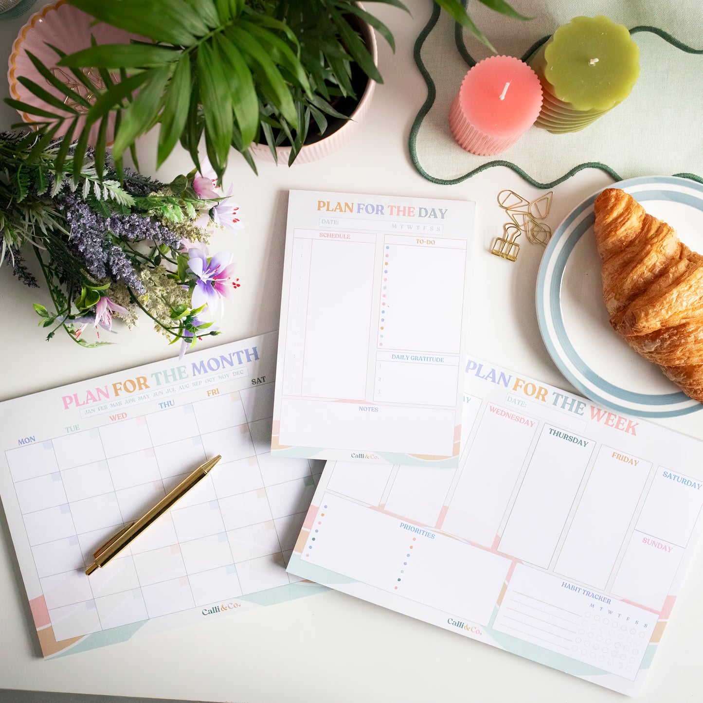 Plan for the Day, Week & Month Bundle | A5 A4 Planner Pads | Daily, Weekly, Monthly Productivity Set | Soft Pastel Desk Planners