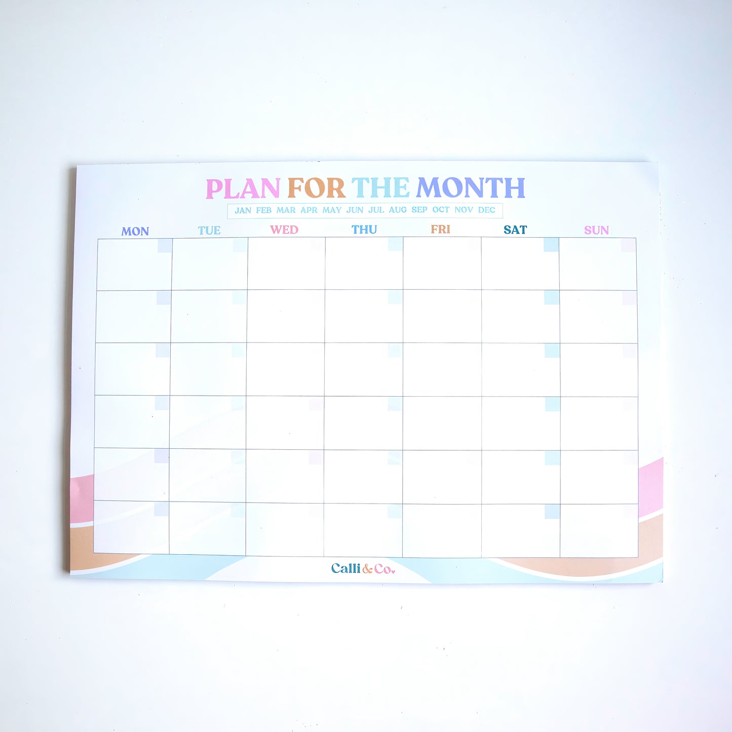 A3 Pastel Monthly Desk Planner | Undated Calendar Organiser