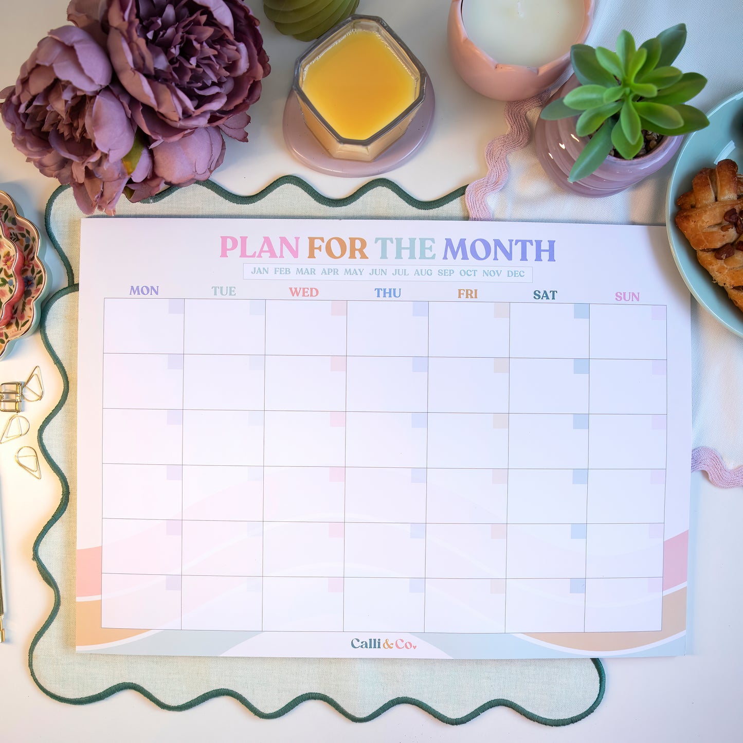 A3 Pastel Monthly Desk Planner | Undated Calendar Organiser