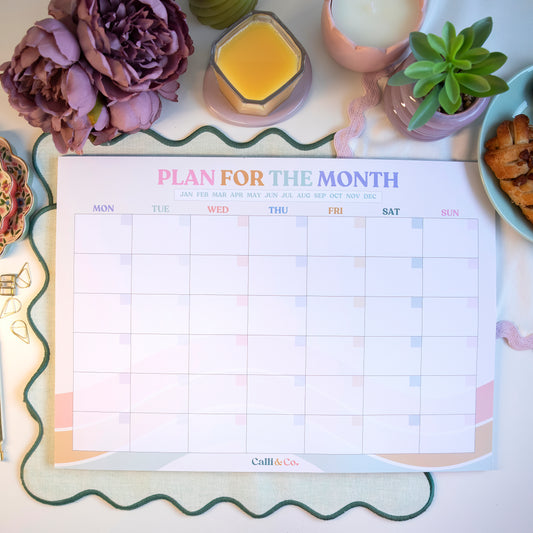 A3 Pastel Monthly Desk Planner | Undated Calendar Organiser